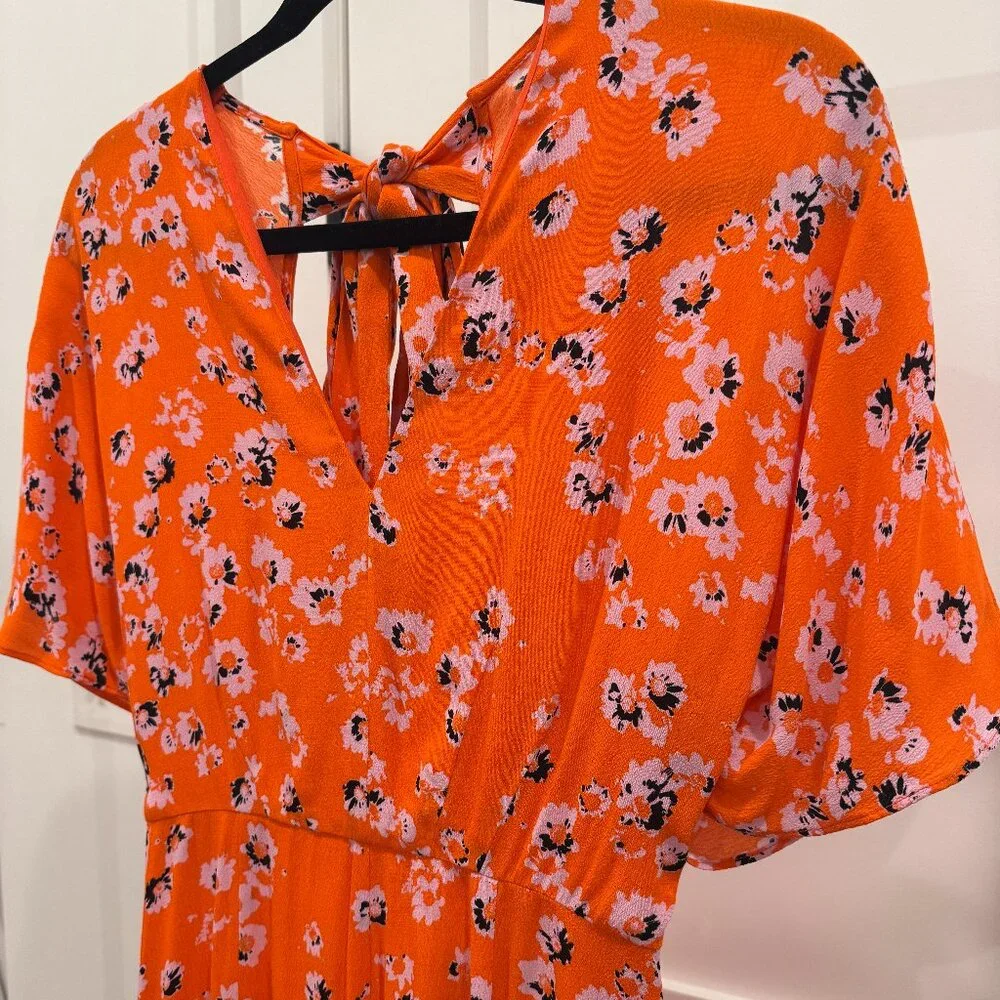Whistles Vibrant Orange Floral Print Midi Dress, Size 2